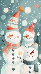 Poster - Hand-drawn New Year's celebration featuring cheerful snowmen in cozy hats and scarves under a soft snowfall backdrop
