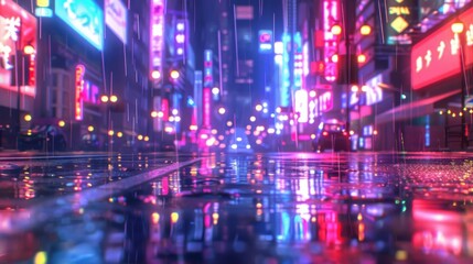Poster - A neon city street with a rainstorm. The neon lights reflect on the wet pavement, creating a vibrant and colorful atmosphere. The rain adds a sense of movement and energy to the scene, as cars