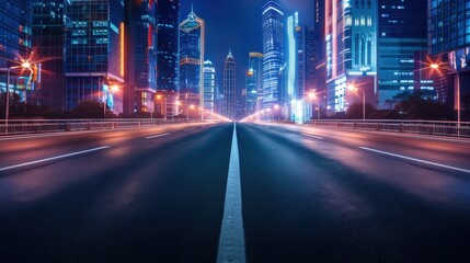 Poster - A city street at night with a large empty road. The street is lit up with neon lights and the city skyline is visible in the background. Scene is calm and peaceful, with the empty road