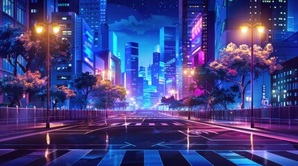Aufkleber - A city street with neon lights and a crosswalk. Scene is futuristic and urban