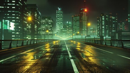 Poster - A city street at night with a bridge in the middle. The street is wet and the lights are on
