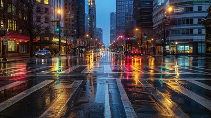 Poster - A city street at night with cars and traffic lights. The street is wet and the lights are reflecting on the water