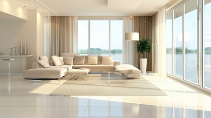Aufkleber - A large white living room with a white couch, a white coffee table, and a white vase. The room has a clean and modern look, with a large window that lets in natural light. The space is inviting