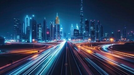Poster - A city at night with a lot of lights and a lot of traffic. The city is lit up and the lights are reflecting off the cars