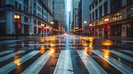 Poster - A city street with a crosswalk and a few red lights. The street is wet and the lights are reflecting on the wet pavement