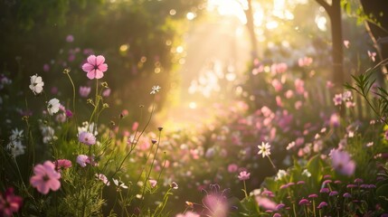 Poster - Early morning sunlight filters through a vibrant flower garden, illuminating the blooming petals and fresh greenery