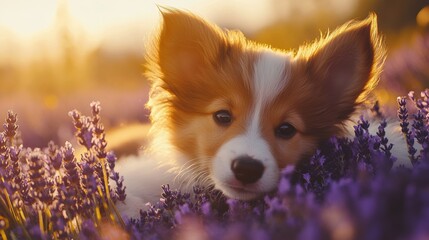 Wall Mural - Puppy in Lavender Field.