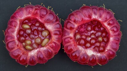 Two red raspberries with seeds visible