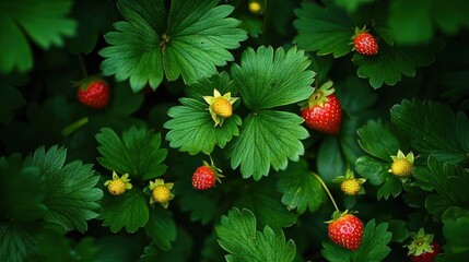 Poster - A close up of a bunch of green leaves with red strawberries on them