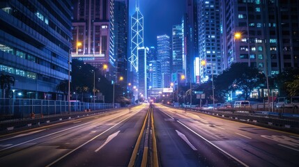 Poster - A city street at night with a few cars and a person walking. The street is empty and the lights from the buildings create a bright and lively atmosphere