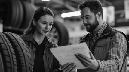 Aufkleber - A man and a woman are looking at a tire
