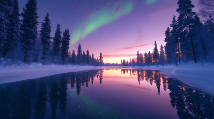 Poster - Serene winter landscape with northern lights reflecting on water.