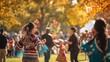 © vadosloginov - People celebrating Columbus Day festival in a park with food, music, and cultural dances enjoying a vibrant autumn atmosphere