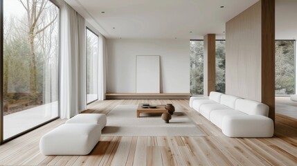 Poster - A living room with white furniture and a white rug. The room has a modern and minimalist design