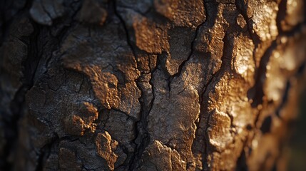 Poster - The bark of a tree is rough and textured, with a golden hue. Concept of ruggedness and natural beauty