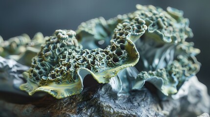 Poster - A large green plant with many holes in it. The plant is on a rock