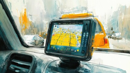 Poster - A yellow taxi cab with a GPS device mounted on the dashboard