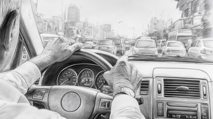 Poster - A man is driving a car in a busy city street