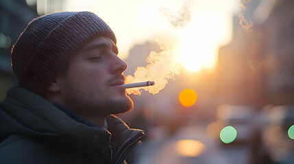 Poster - Man smoking a cigarette at sunset in an urban setting.