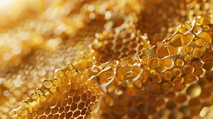 Fototapete - A close up of a honeycomb with many small holes. The honeycomb is made of gold and has a shiny, almost metallic appearance. The honeycomb is intricate and detailed, with each hole