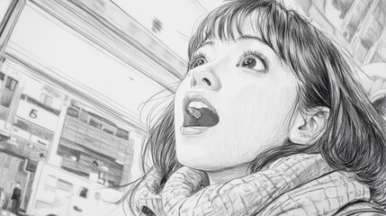 Poster - A woman with her mouth open is drawing a picture of herself