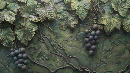 Poster - A painting of grapes and vines with a green background. The grapes are small and clustered together. The painting has a peaceful and calming mood