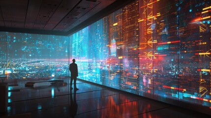 Aufkleber - A man stands in front of a large window looking out at a cityscape. The room is filled with neon lights and the man is looking out at the city below. Scene is one of awe and wonder