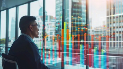 Leinwandbilder - A man in a suit is sitting in a chair looking out a window at a city skyline. The skyline is filled with colorful graphs and numbers