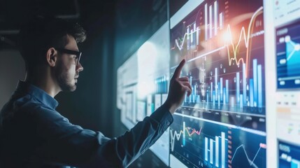 Leinwandbilder - A man is pointing at a computer screen with a lot of graphs and numbers. He is wearing glasses and he is focused on the data. Concept of importance and concentration