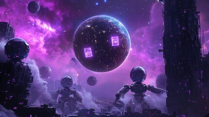 Poster - A space scene with a large purple planet and several small robots