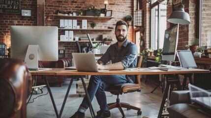 Poster - An office worker focused on his laptop in a rustic loft-style office during the day, surrounded by plants and natural light