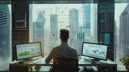Leinwandbilder - An office worker displaying creativity and focus while analyzing data in a modern high-rise office with city views