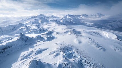 Poster - Aerial view of the breathtaking ice fields in Chilean Patagonia showcasing cracks in the frozen landscape under a clear sky