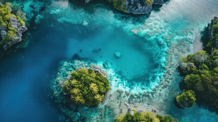 Poster - A beautiful blue ocean with a small island in the middle. The island is surrounded by trees and the water is calm
