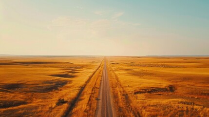 Poster - A long road stretches across a dry, barren landscape. The sky is a mix of blue and orange, creating a warm and peaceful atmosphere