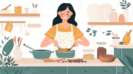 A woman is cooking in a kitchen with a lot of utensils and ingredients. She is smiling and seems to be enjoying herself