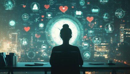 A woman is sitting at a desk with a computer monitor in front of her. The monitor is filled with various icons and a clock. The woman is focused on her work