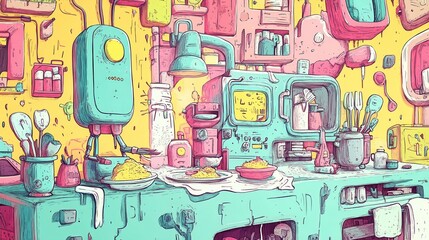 Poster - A cartoonish kitchen with a blue counter and a yellow wall