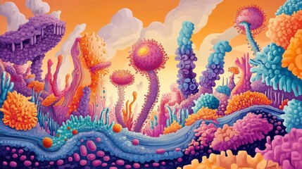 Aufkleber - A colorful painting of a forest with many different colored plants and trees
