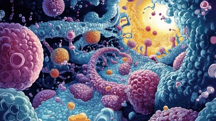 Poster - A colorful, abstract painting of a cell with many different colored spheres