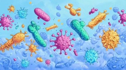 Poster - A colorful drawing of various germs and viruses floating in the air