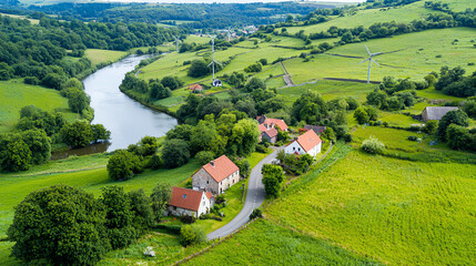 Aerial view of serene countryside landscape.