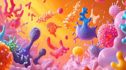 Poster - A colorful image of various bacteria and viruses floating in a pink liquid