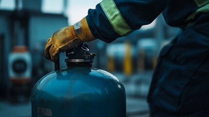 A worker in protective gloves adjusts a gas cylinder in an industrial setting, highlighting safety and equipment management.