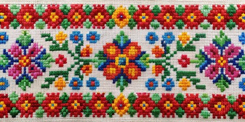 Wall Mural - Needlework pattern of colorful embroidery on fabric , sewing, stitching, handmade, craft, thread, needle, textile, design