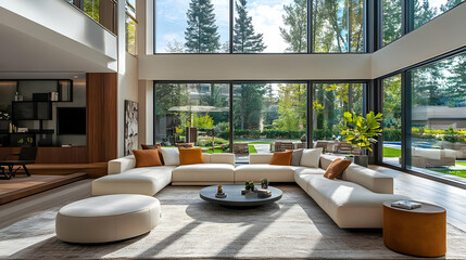 Canvas Print - Modern living room with large windows and stylish furniture.