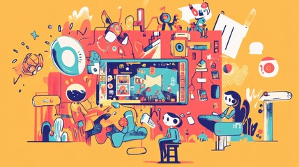 Poster - a colorful cartoon of people playing video games