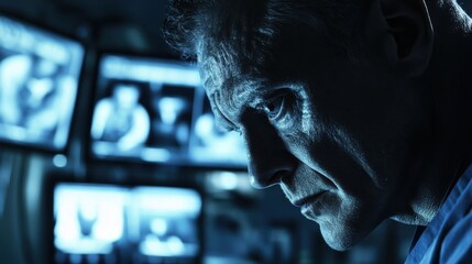 Poster - A man is looking at a computer screen with multiple monitors. The monitors are all blue and the man's face is the only thing visible. Scene is serious and focused