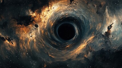 Poster - A colossal black hole consuming surrounding matter in deep space with swirling cosmic debris and colorful gases