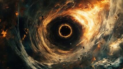 Poster - Enormous black hole surrounded by swirling matter, relentlessly pulling everything into its event horizon in a distant galaxy